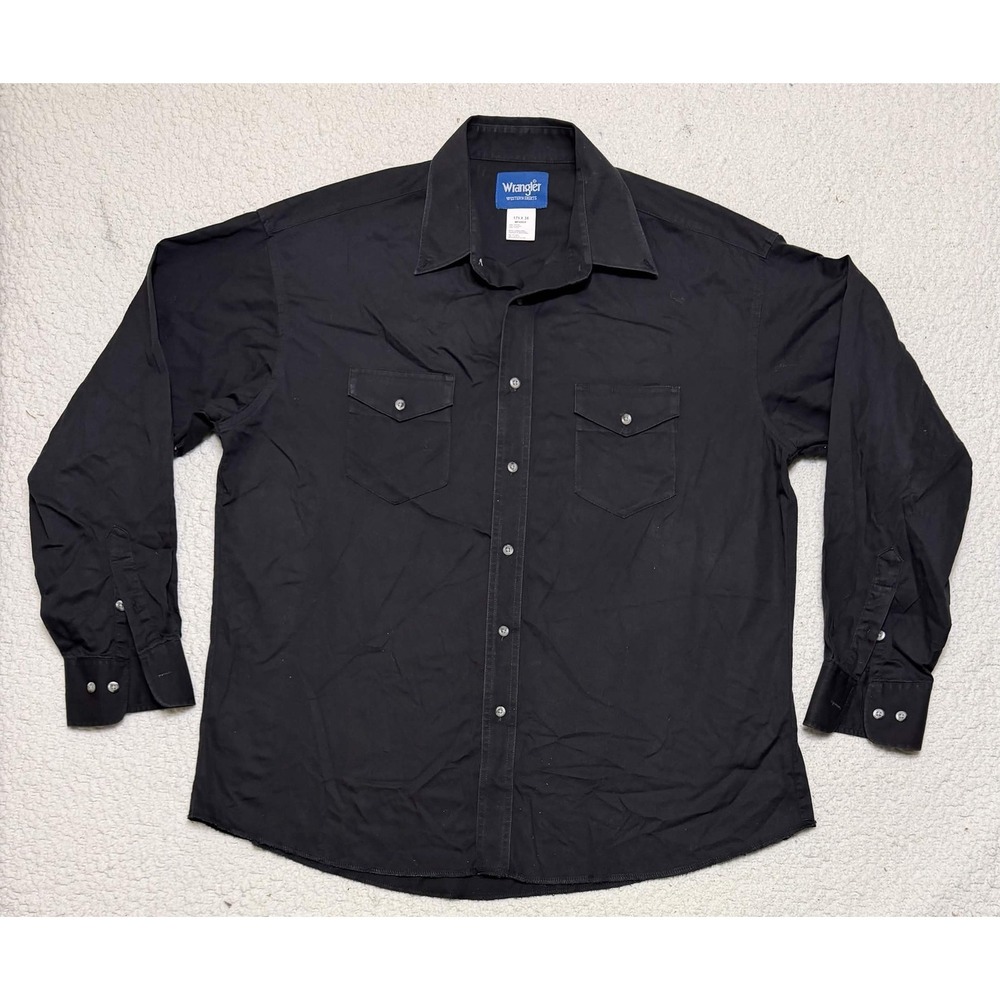 Wrangler Mens Western Shirt Black Button Front Cotton Size 17 1/2 X 36 MP4282X